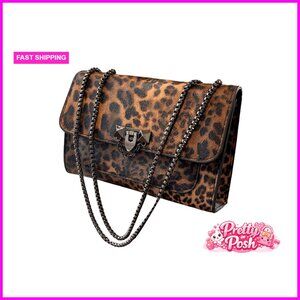 Leopard Print Chain Strap Shoulder Bag PU Leather Clutch Purse